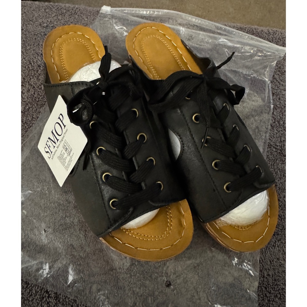 Black Lace-Up Slide Sandals Size 43 Open Toe Cutout New With Tags